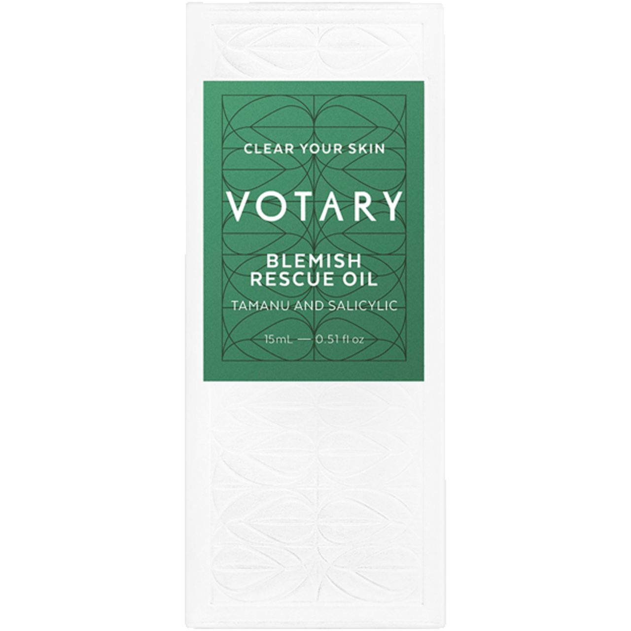 Weiße Verpackung mit grünem Etikett. "Votary Blemish Rescue Oil" Text.