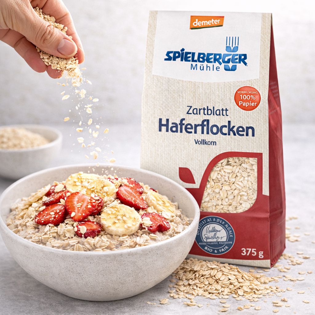 Eine Schüssel Haferflocken mit Erdbeeren und Bananen, daneben eine Packung Spielberger Mühle Zartblatt Haferflocken.