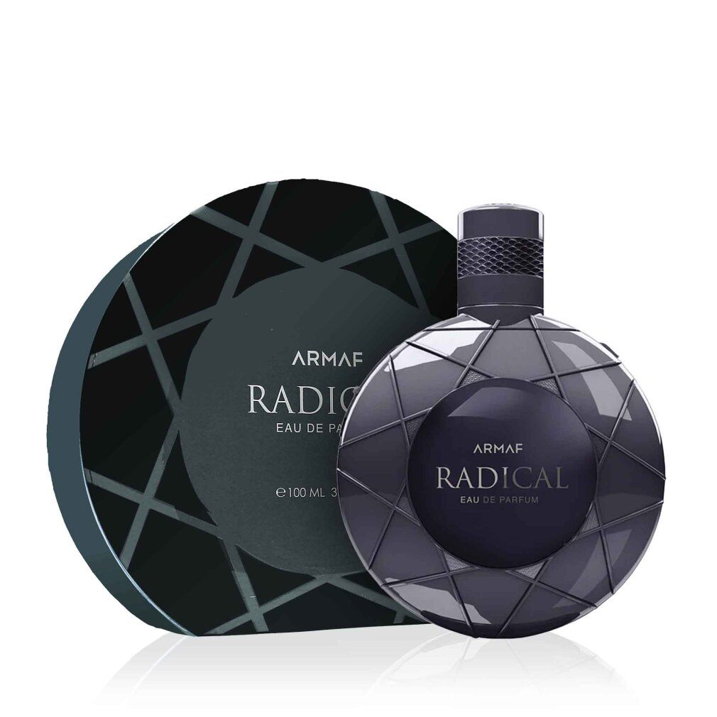 Dunkelblauer Flakon und Karton. Aufschrift: ARMAF RADICAL Eau de Parfum. Geometrisches Design.