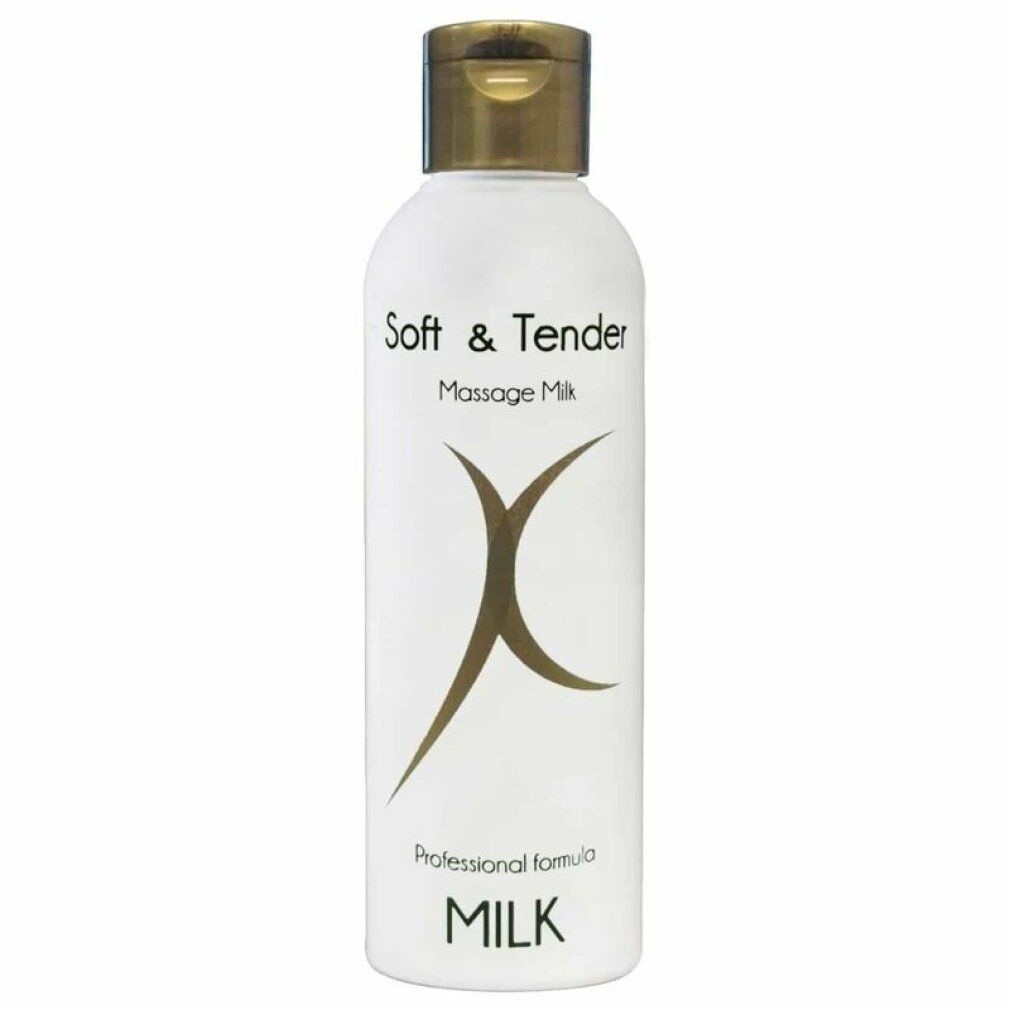 Weiße Flasche mit goldfarbenem Deckel. Aufschrift: Soft & Tender Massage Milk, darunter ein goldfarbenes X-Symbol. Unter dem Symbol steht MILK.
