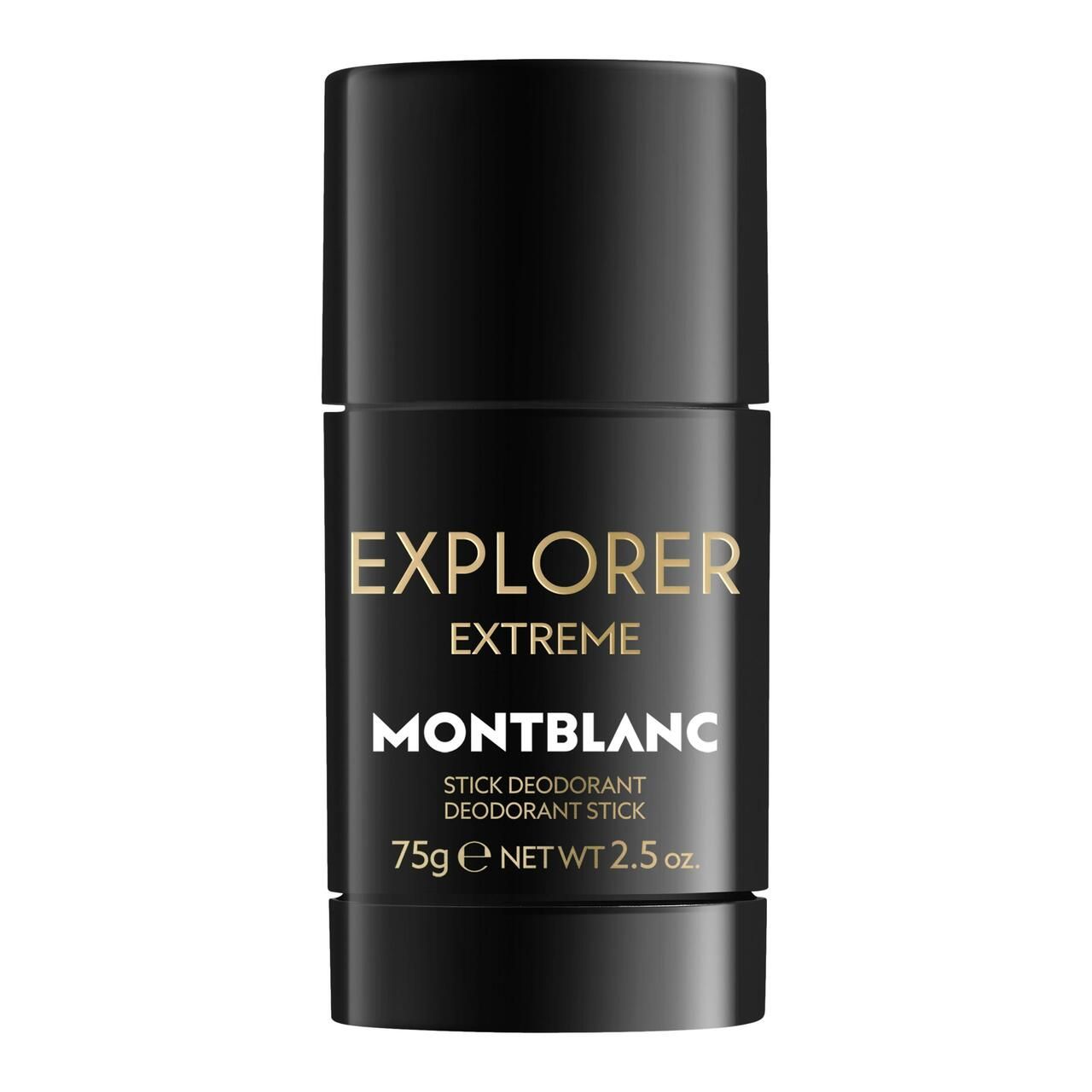 Deostift Montblanc Explorer Extreme. Schwarzer Zylinder mit goldfarbenem Schriftzug. Produktname und Gewicht.
