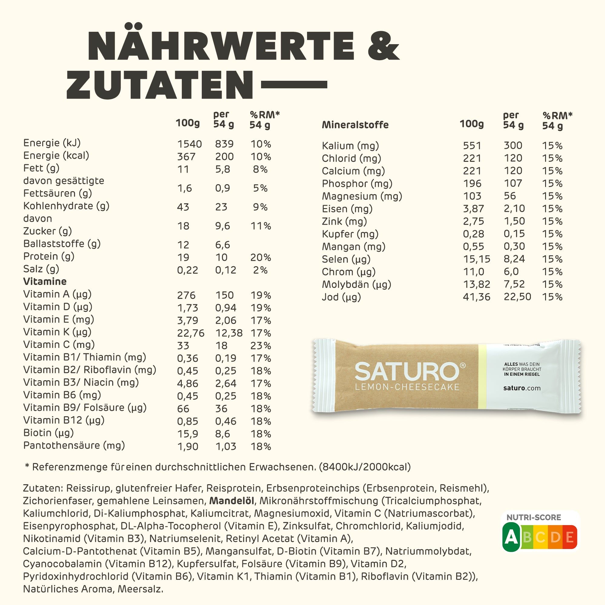 Nährwerttabelle und Zutatenliste für Saturo Energieriegel Lemon-Cheesecake. Nutri-Score-Bewertung.