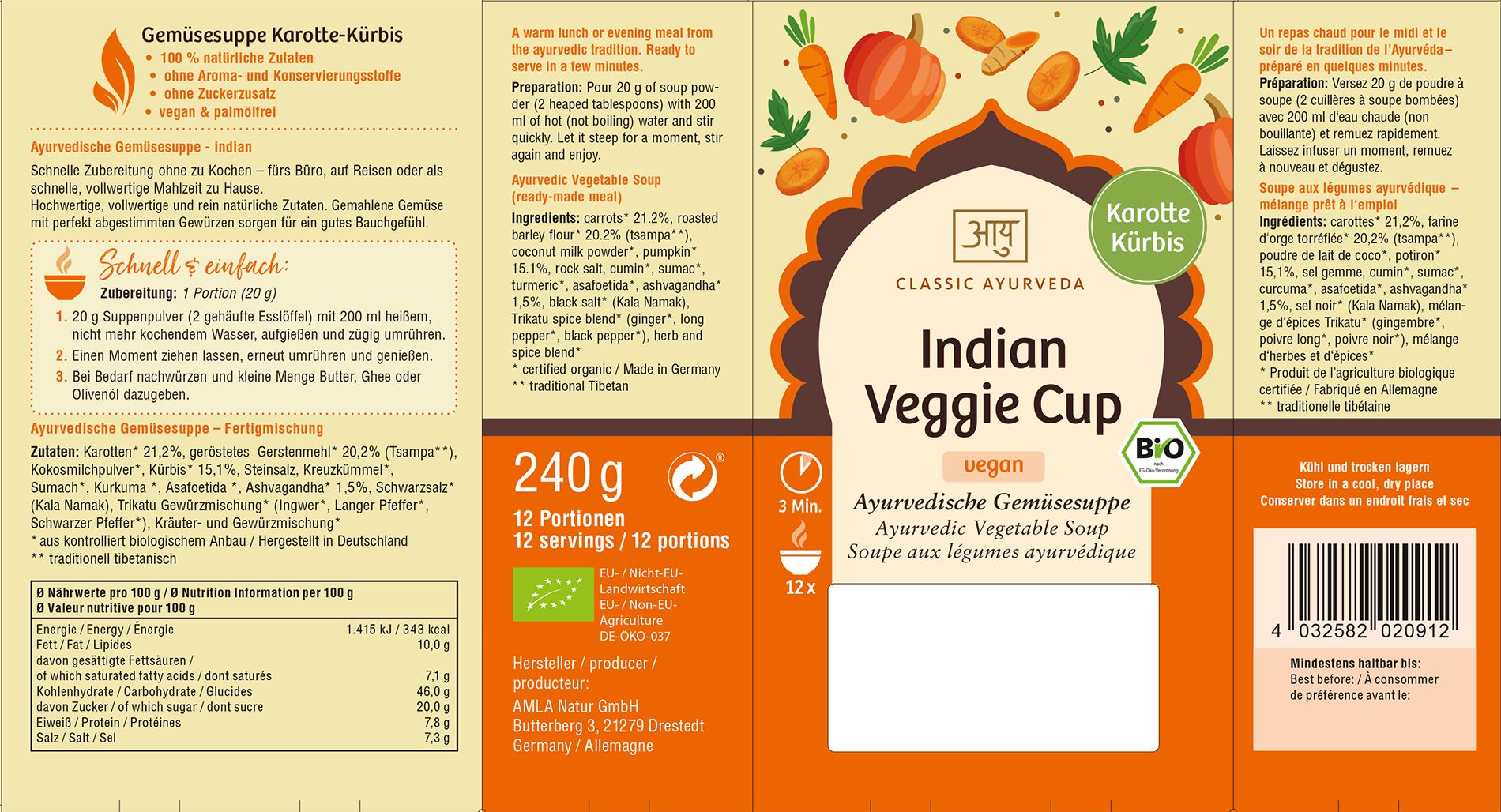 Ausgebreitete Verpackung von Classic Ayurveda Indian Veggie Cup. Text: "vegan", "Ayurvedische Gemüsesuppe". Bio-Siegel und Nährwertangaben.