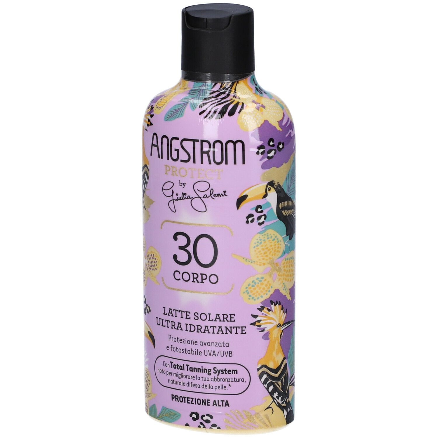 Flacone Angstrom Protect, SPF 30, design floreale. Tappo nero, testo.