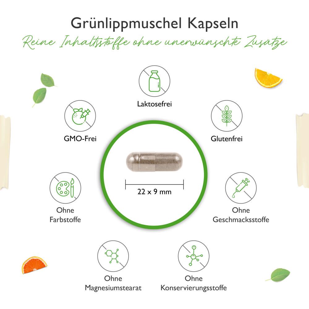 Kapsel mit den Maßen 22 x 9 mm. Aufschrift: Grünlippmuschel Kapseln. Symbole für: laktosefrei, glutenfrei, ohne Farbstoffe, ohne Magnesiumstearat, ohne Konservierungsstoffe, ohne Geschmacksstoffe, GMO-frei.