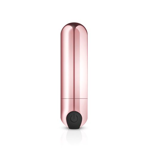 Roségoldfarbener Vibrator in Bullet-Form. Zylindrische Form mit abgerundeter Spitze. Schwarzer Knopf mit Power-Symbol.