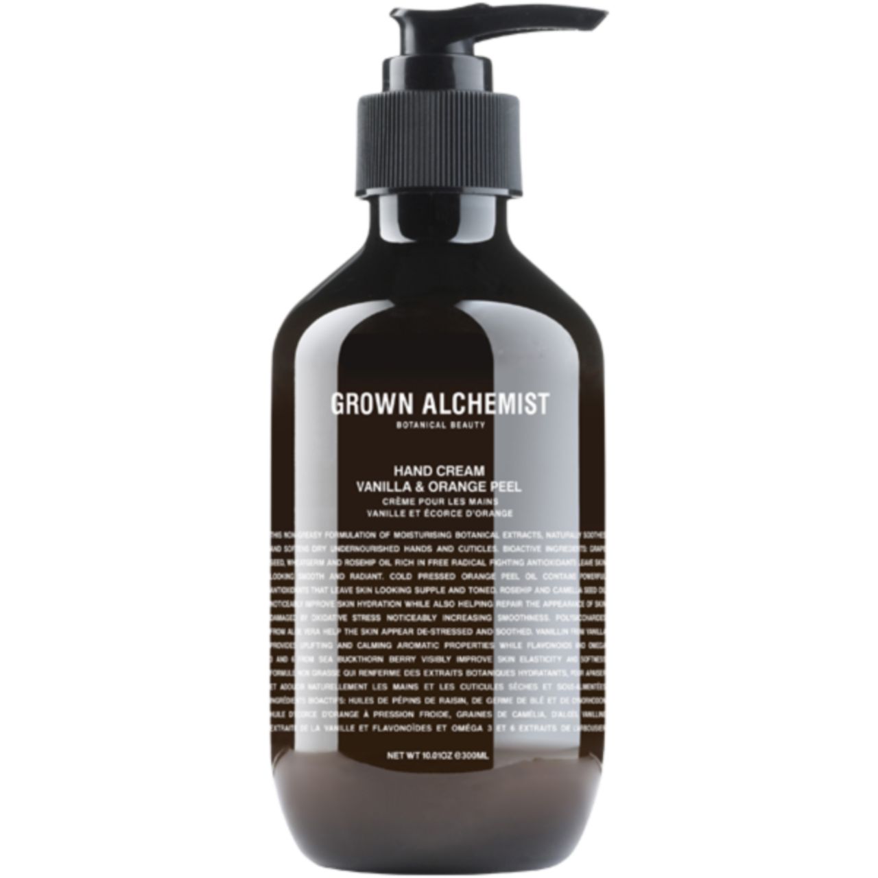 Braune Flasche mit schwarzem Pumpkopf. Aufschrift: Grown Alchemist Hand Cream Vanilla & Orange Peel.