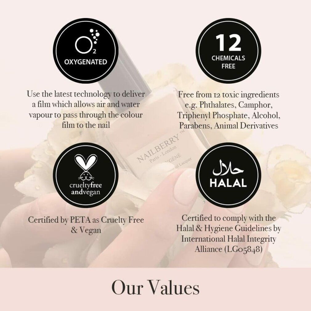 Nagellack-Flasche mit Aufschriften: Sauerstoff, 12 Chemikalien frei, tierversuchsfrei und vegan, Halal-Zertifizierung. Zertifizierungen sind sichtbar.