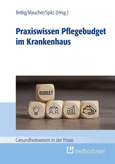 Buchcover: Titel „Praxiswissen Pflegebudget im Krankenhaus“. Würfel mit Symbolen und Wort „Budget“. Verlag medhochzwei.