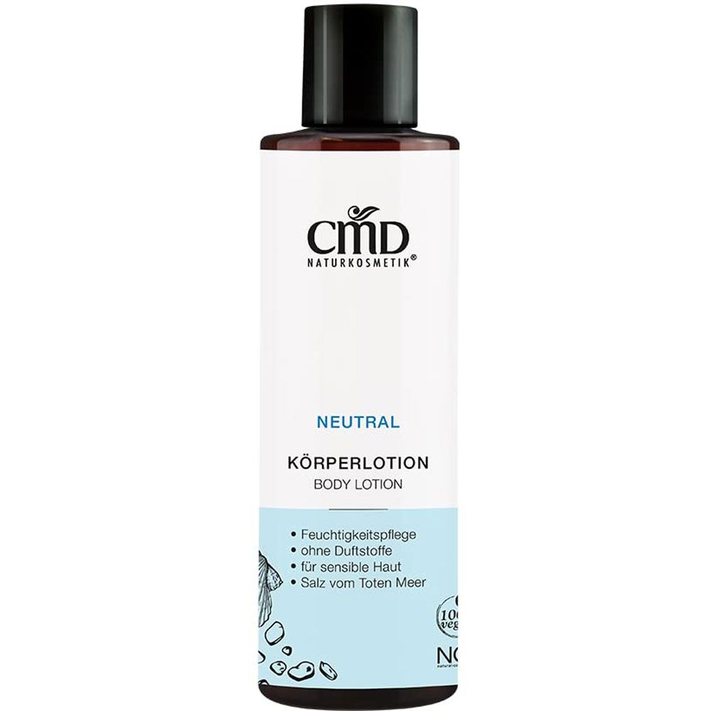 CMD Naturkosmetik neutrale Körperlotion in weißer Flasche mit schwarzem Deckel. Enthält Salz vom Toten Meer.