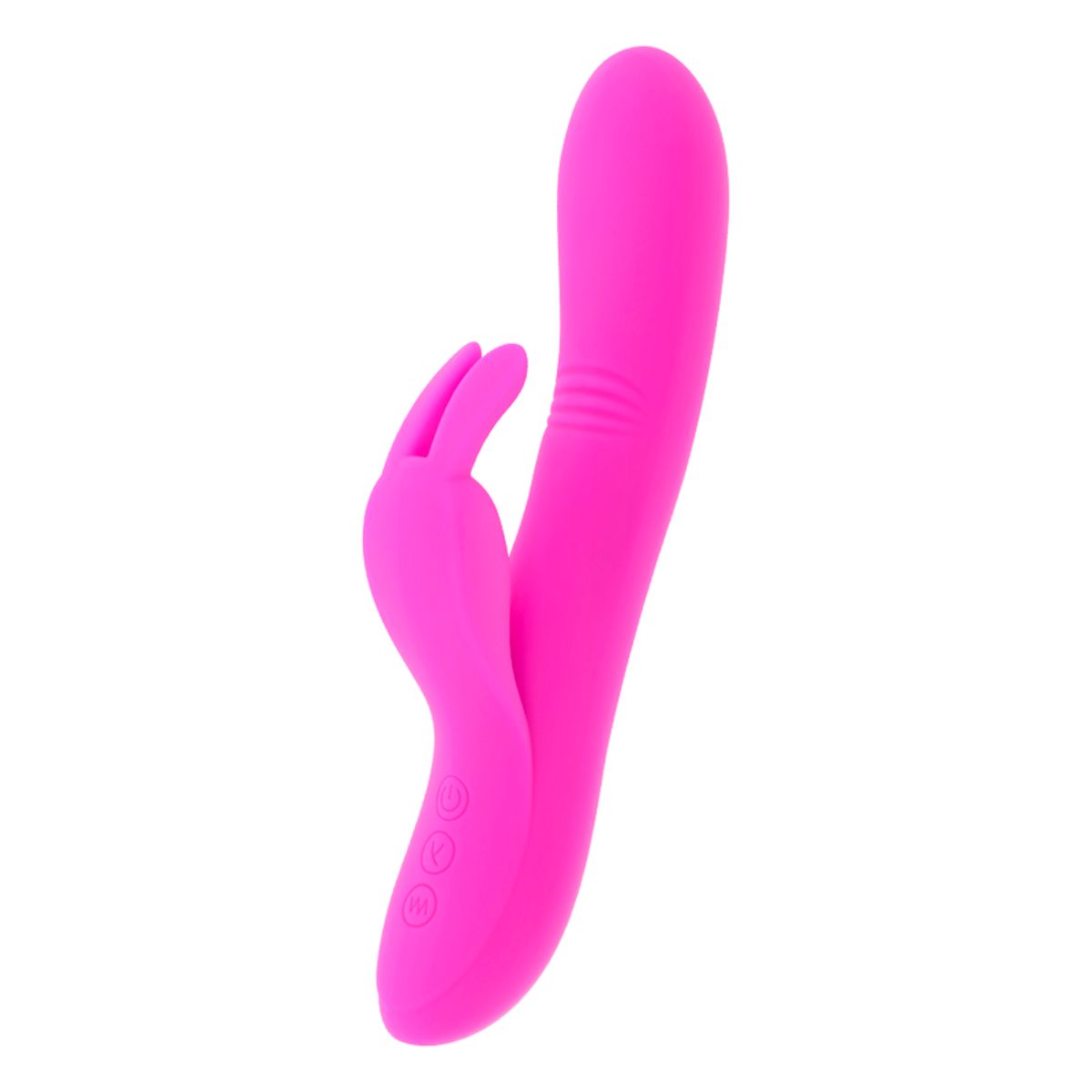 Pinkfarbener Vibrator mit Hasenohren-Design. Drei Knöpfe am Griff. Ausrichtung: seitlich.