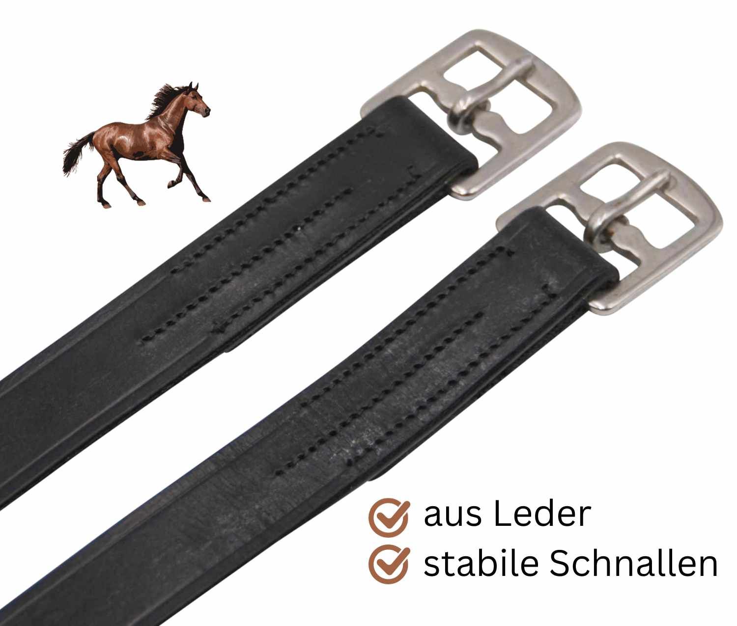 Zwei schwarze Steigbügelriemen mit Metallschnallen. Text: 'aus Leder', 'stabile Schnallen'.