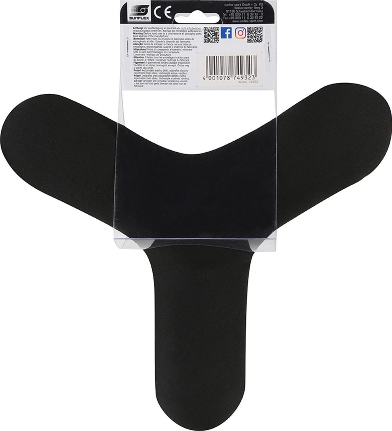 Rückseite der Sunflex-Boomerang-Verpackung. Schwarzer Boomerang in transparenter Halterung. Informationen und Logos auf der Verpackung.