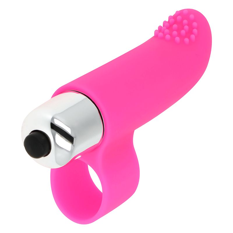 Pinkfarbener, texturierter Fingerhut mit Vibrationsfunktion. Enthält einen Ring und einen Vibrationskopf mit Noppen. Schwarzer Knopf.