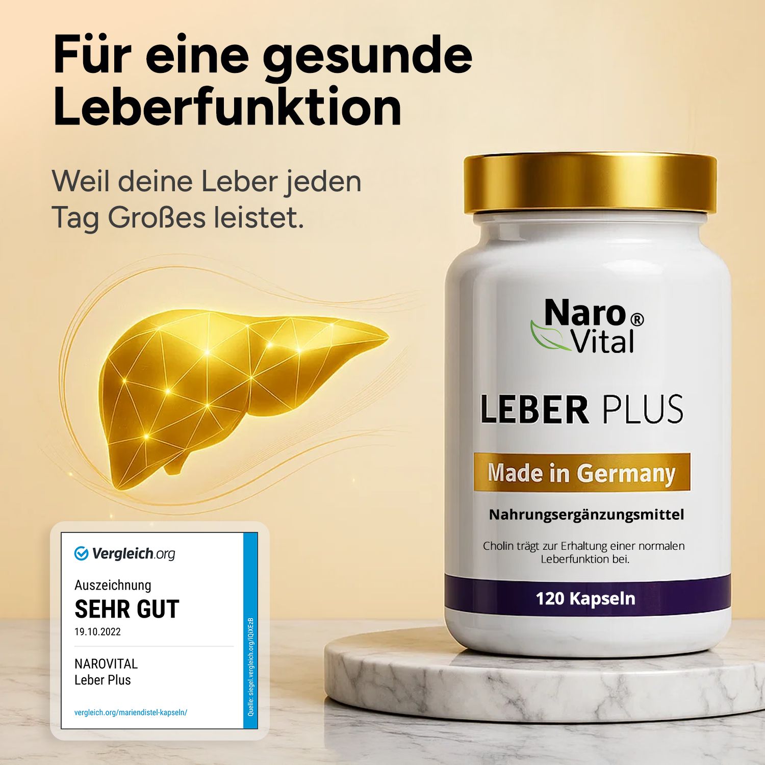 Flasche mit LEBER PLUS. Logo Naro Vital. Auszeichnung von Vergleich.org: SEHR GUT. Abbildung einer Leber.