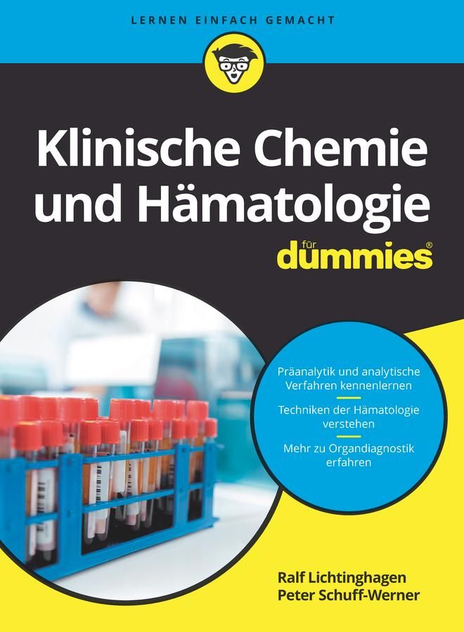 Buchcover: Klinische Chemie und Hämatologie für Dummies. Titel in Weiß, gelbes Logo. Im Hintergrund Labor mit Reagenzgläsern.