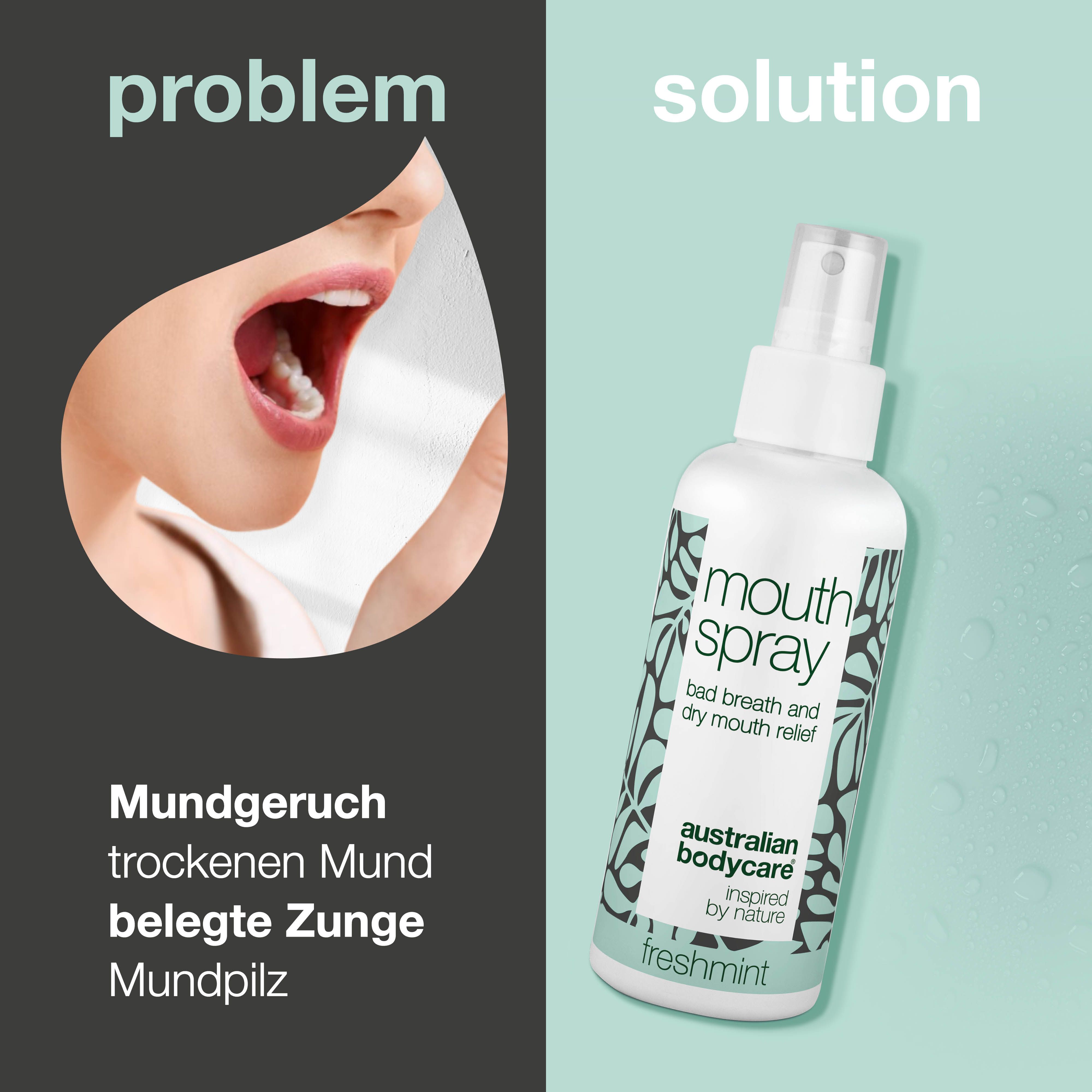 Mundspray-Flasche neben Text: Mundgeruch, trockener Mund, belegte Zunge, Mundpilz. Text: mouth spray, Australian Bodycare.