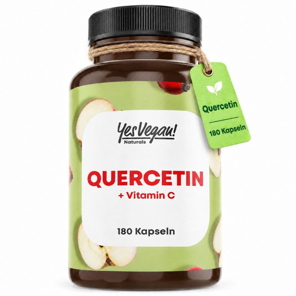 Braune Kapsel-Flasche mit "Yes Vegan! Naturals QUERCETIN + Vitamin C" Etikett und 180 Kapseln.