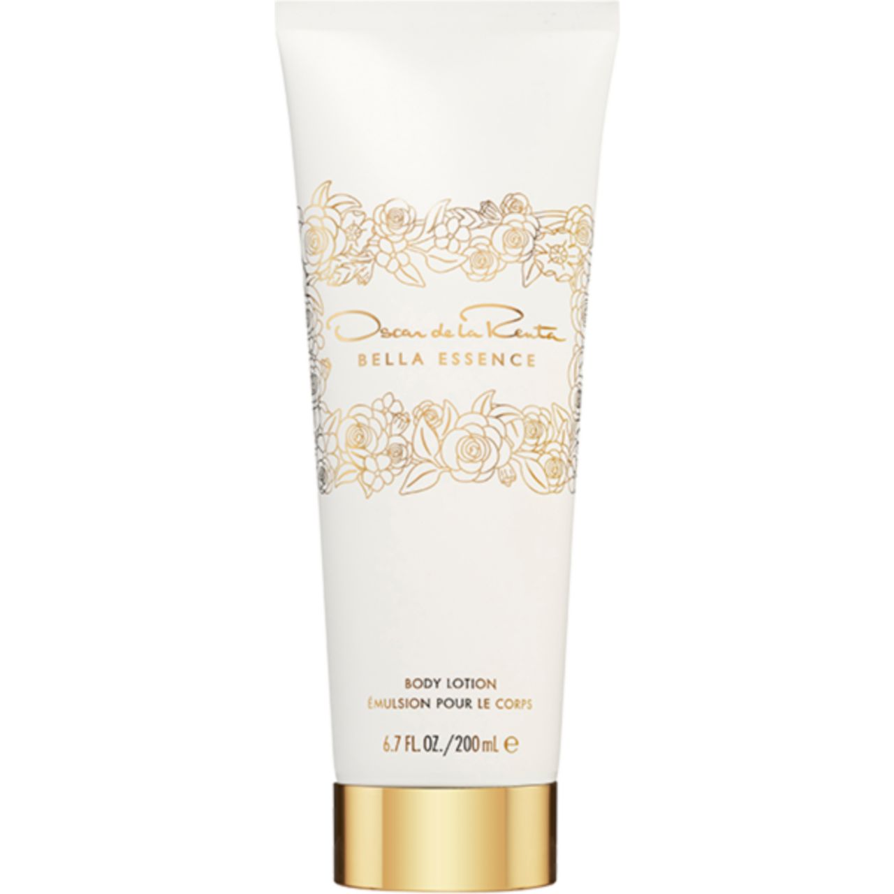 Weiße Tube mit goldenem Verschluss. Aufschrift: Oscar de la Renta Bella Essence Body Lotion. Floral-Dekor. Volumenangabe.