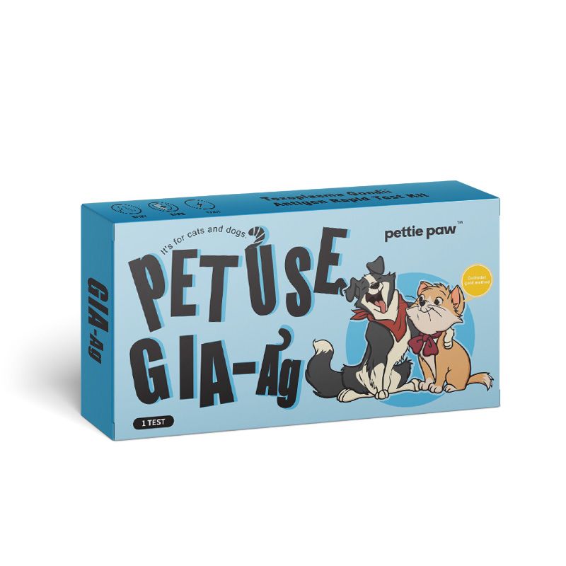 Blau-weiße Schachtel mit dem Aufdruck PET USE GIA-Ag, pette paw. Abgebildet sind ein Hund und eine Katze. Text: 1 Test.