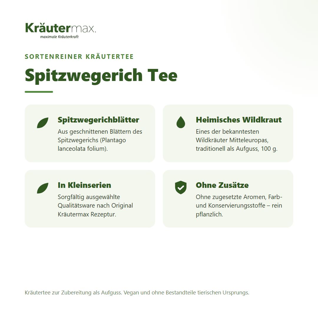 Kräutermax Spitzwegerich Tee: Blätter, heimisches Wildkraut, Kleinserien, ohne Zusätze.
