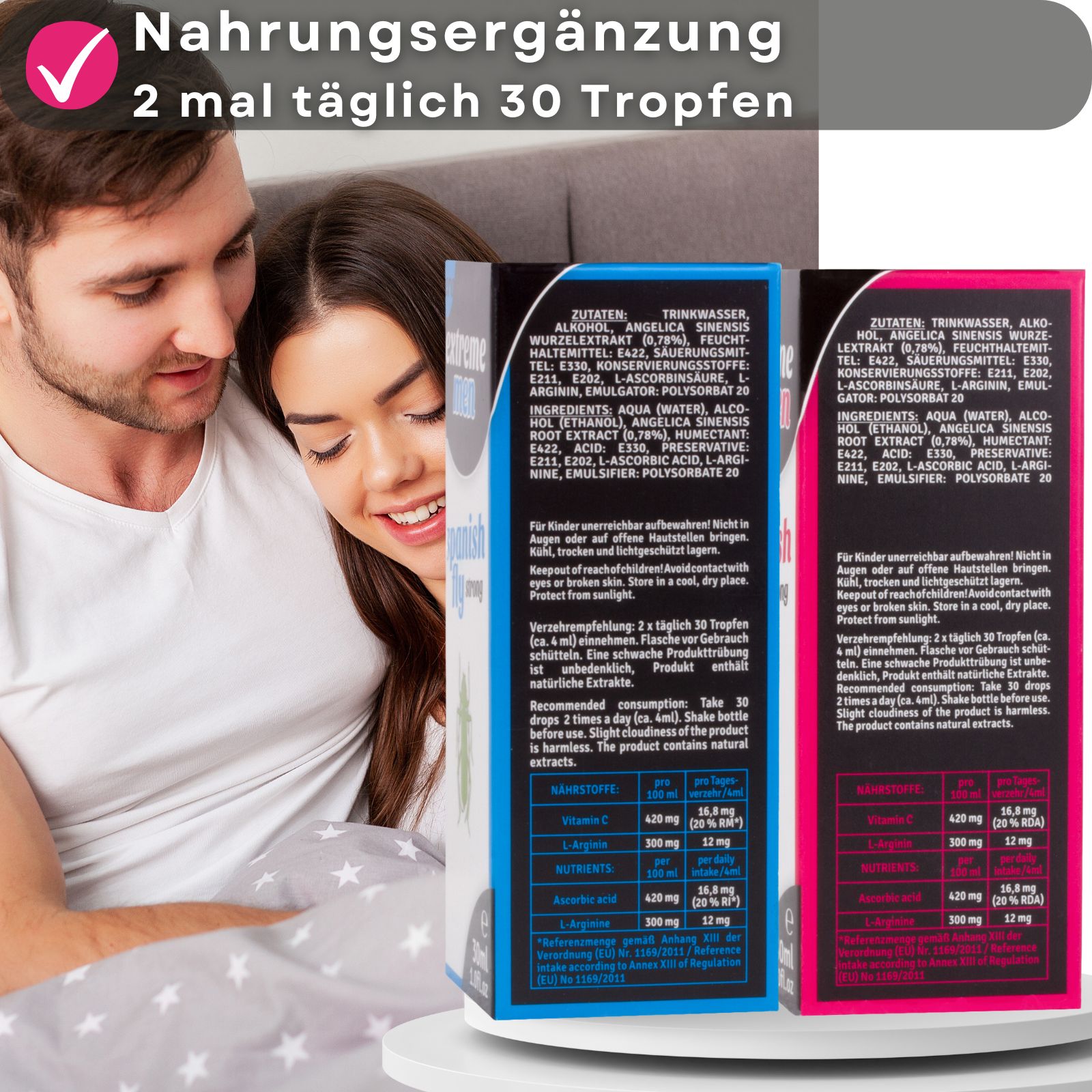 Zwei Schachteln mit "Spanish Fly". Auf den Schachteln steht "extreme men" und "extreme women". Im Hintergrund ein Paar.
