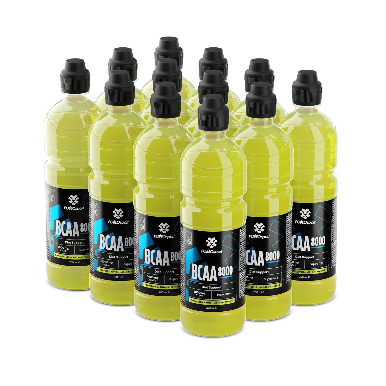 Mehrere Flaschen gelbes Getränk. Schwarze Deckel. Etikett mit BCAA 8000, Orange-Zitrone-Limette-Geschmack.