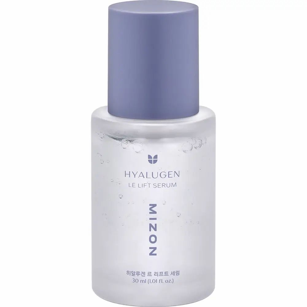 Klarer Serumflakon mit blauem Deckel. Aufschrift: Hyalugen Le Lift Serum, Mizon. 30 ml.