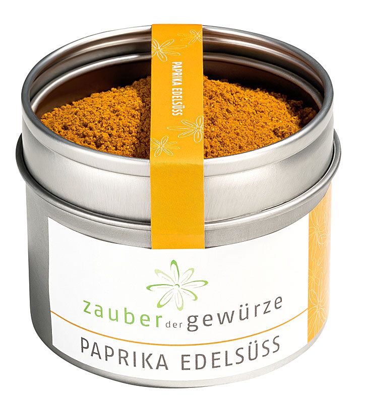 Metallbehälter mit Paprika edelsüß. Etikett mit Produktname und Logo. Gelber Streifen mit Produktbezeichnung.