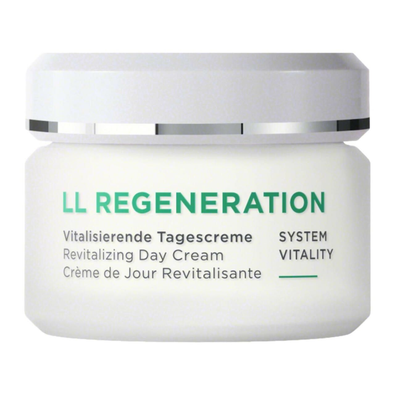 Creme-Tiegel mit weißem Deckel. Aufschrift: LL REGENERATION, Vitalisierende Tagescreme. Weißes Gefäß.