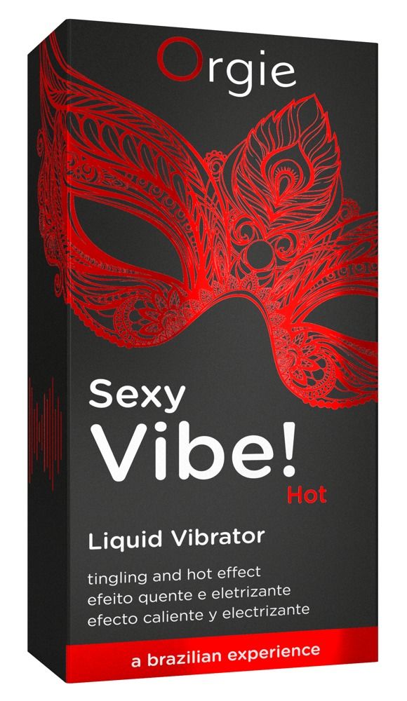 Schwarze Verpackung mit roter Maske und Schriftzug "Sexy Vibe! Hot". Produktname: Liquid Vibrator.