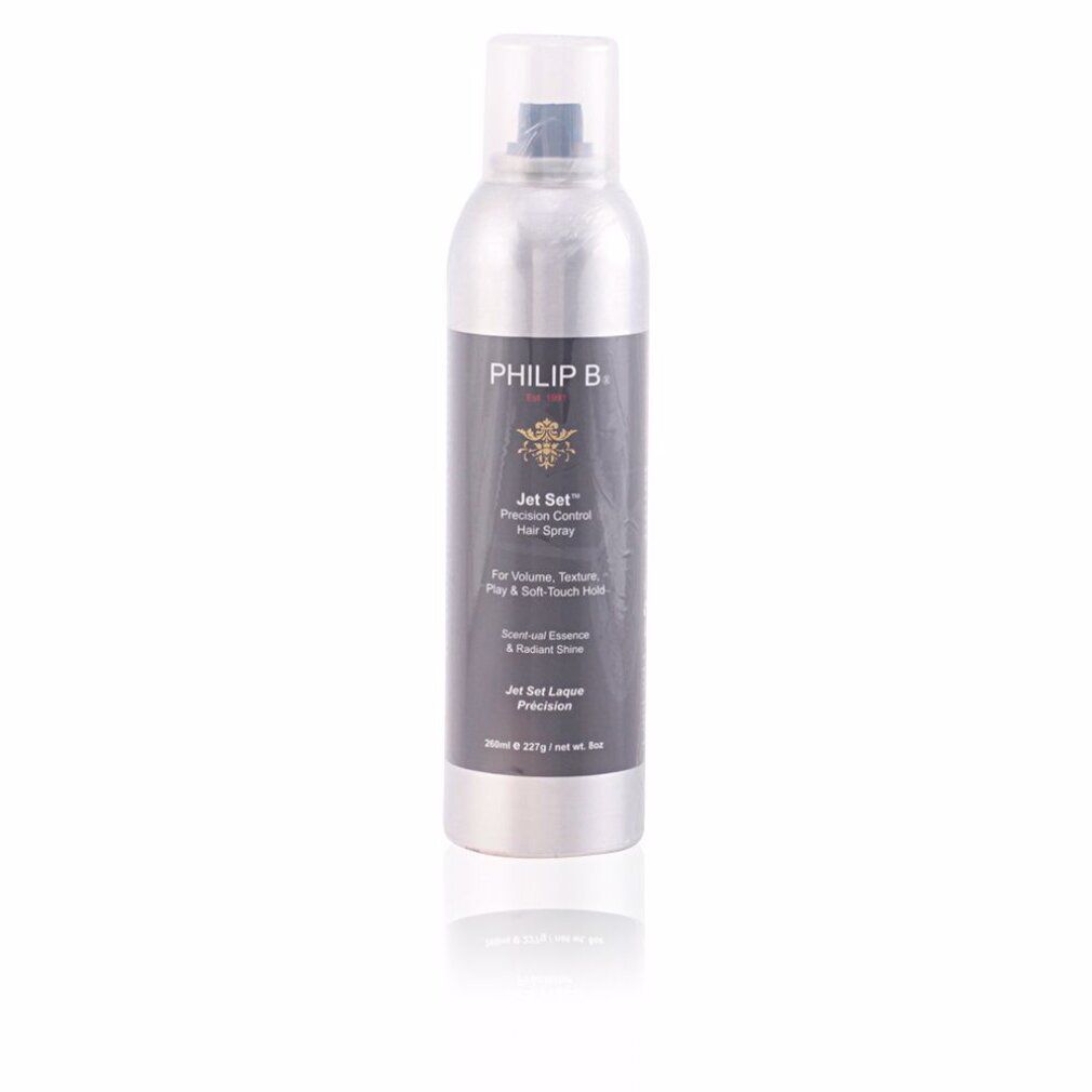 Philip B. Jet Set Precision Control Haarspray, silberne Dose, schwarzes Etikett, auf weißem Hintergrund.