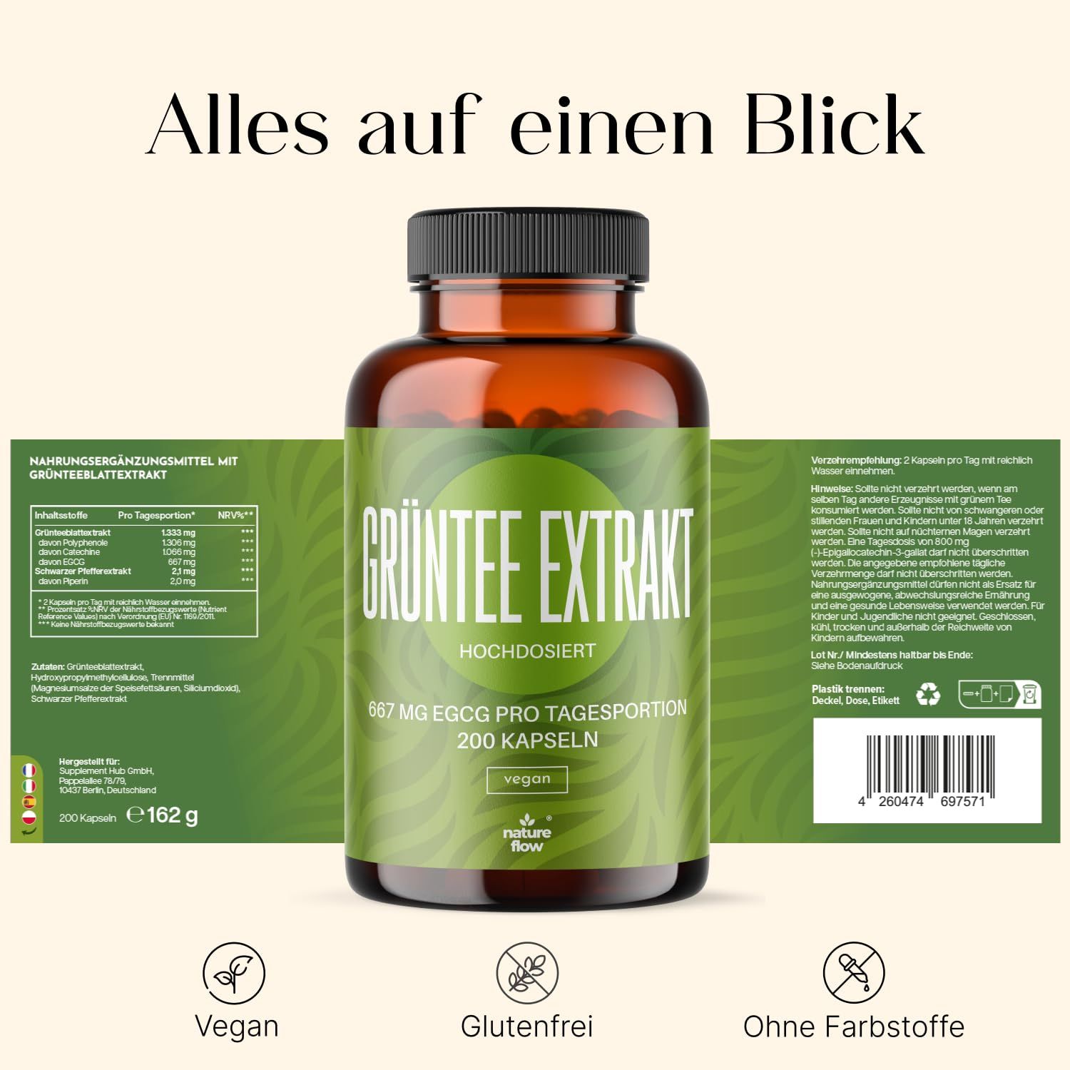 Braunglasflasche mit grünem Etikett. Aufschrift: Grüntee Extrakt, hochdosiert, 200 Kapseln, vegan. Infotafel mit Inhaltsstoffen.