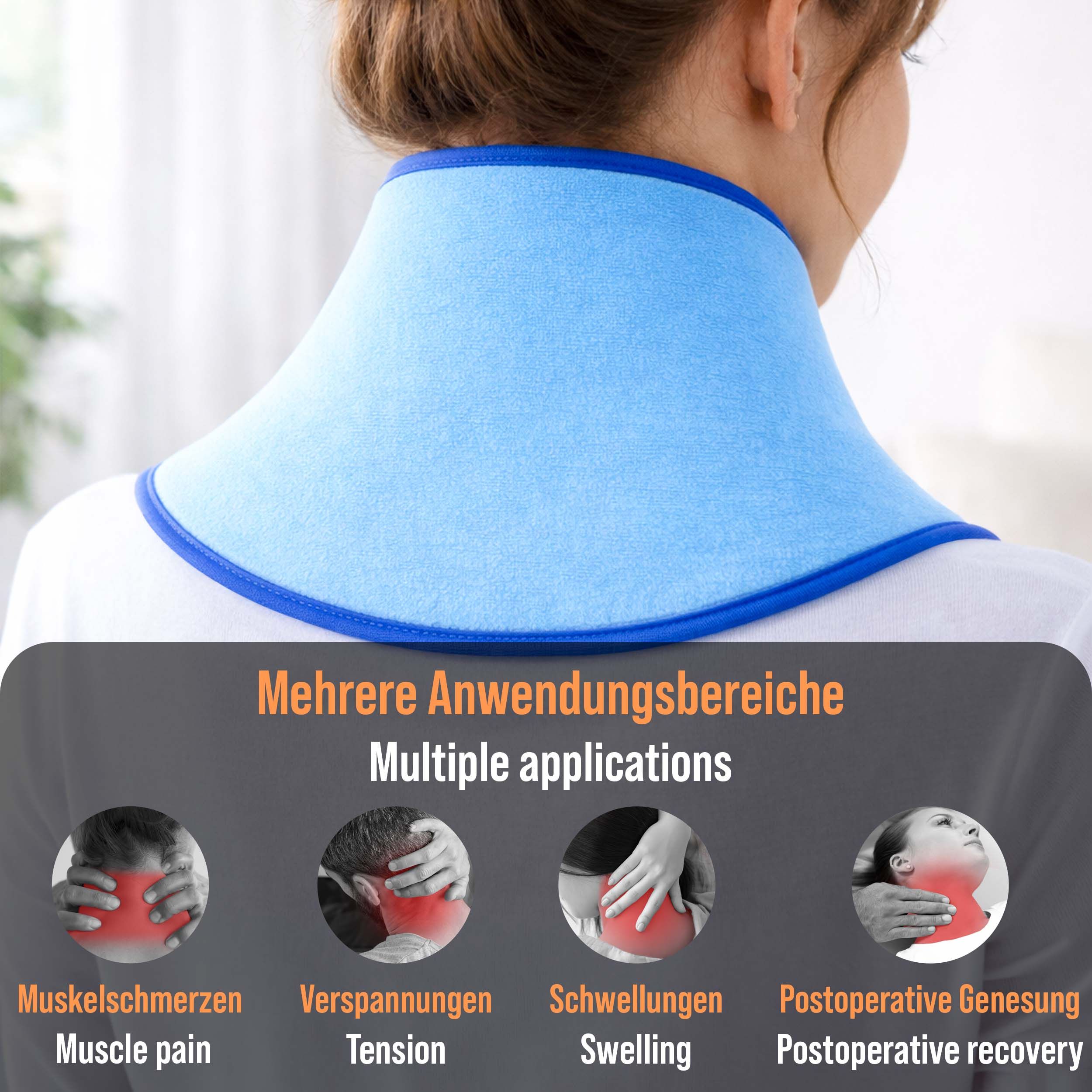 Blaues Nackenkissen am Hals einer Person. Text: Mehrere Anwendungsbereiche, Muskelkater, Verspannungen, Schwellungen, postoperative Genesung.