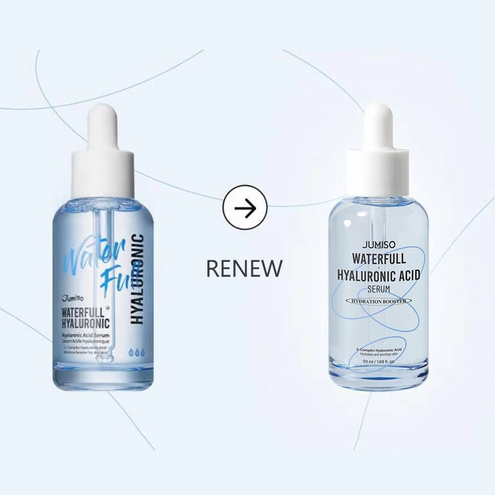 Zwei Flaschen mit Pipetten. Links: Waterfull Hyaluronic. Rechts: Waterfull Hyaluronic Acid Serum. Pfeil.