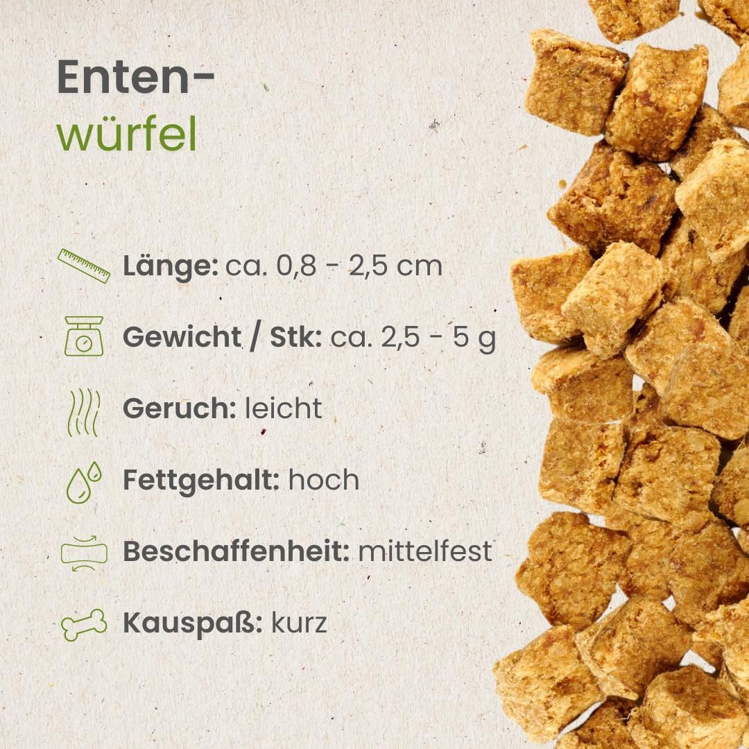 Entenwürfel: 100% Ente, ohne Zusätze, schonende Trocknung, perfekt fürs Training.