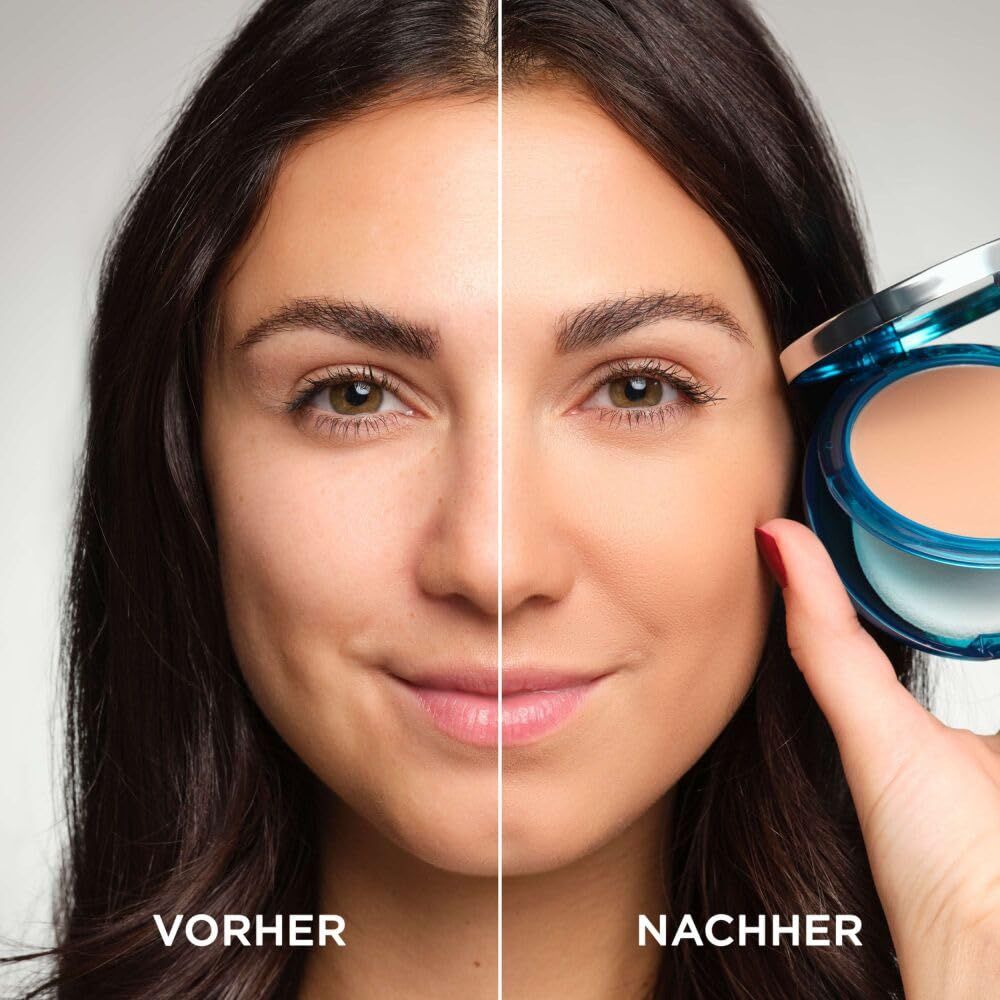 Gesicht vor und nach dem Auftragen von Make-up. Blaue Puderdose.