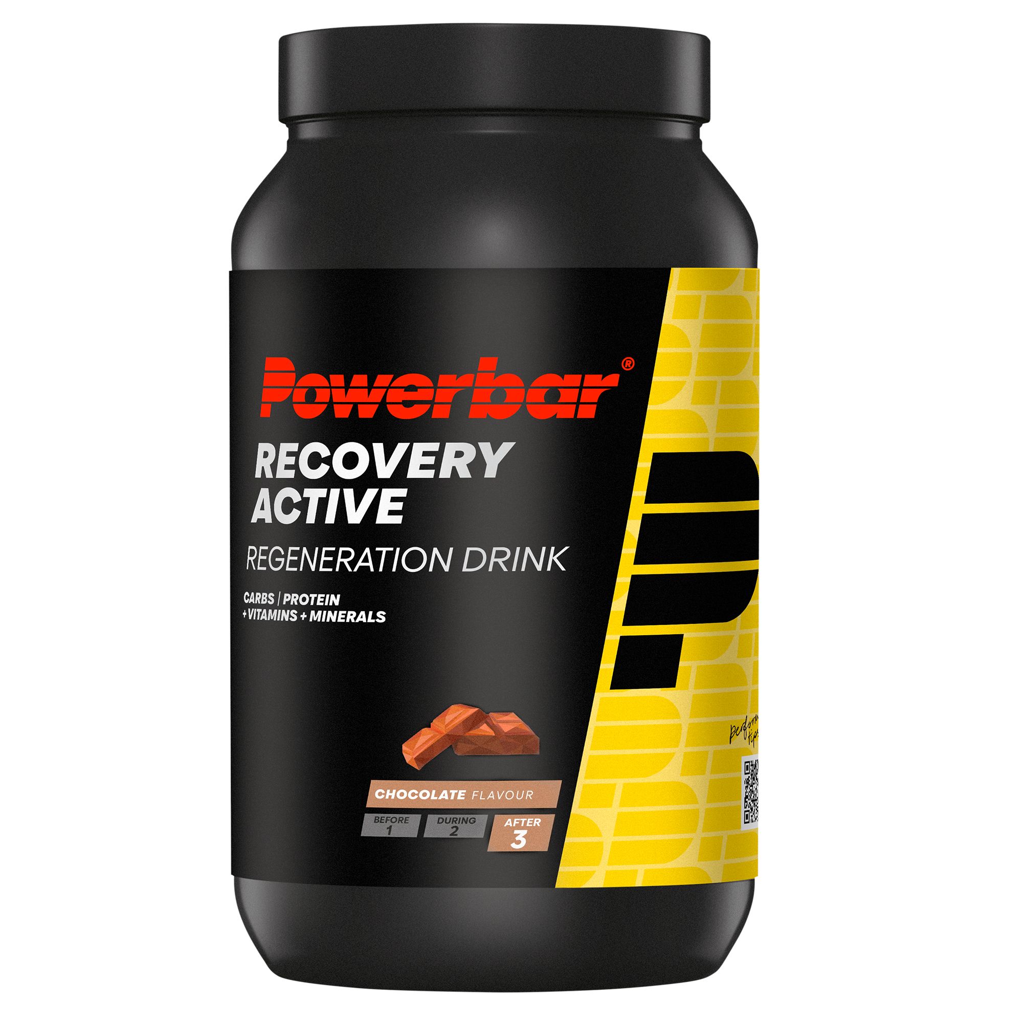 Schwarze Dose Powerbar Recovery Active, Schokoladengeschmack. Enthält Proteine, Vitamine und Mineralien. Mit Schokoladenstückchen.