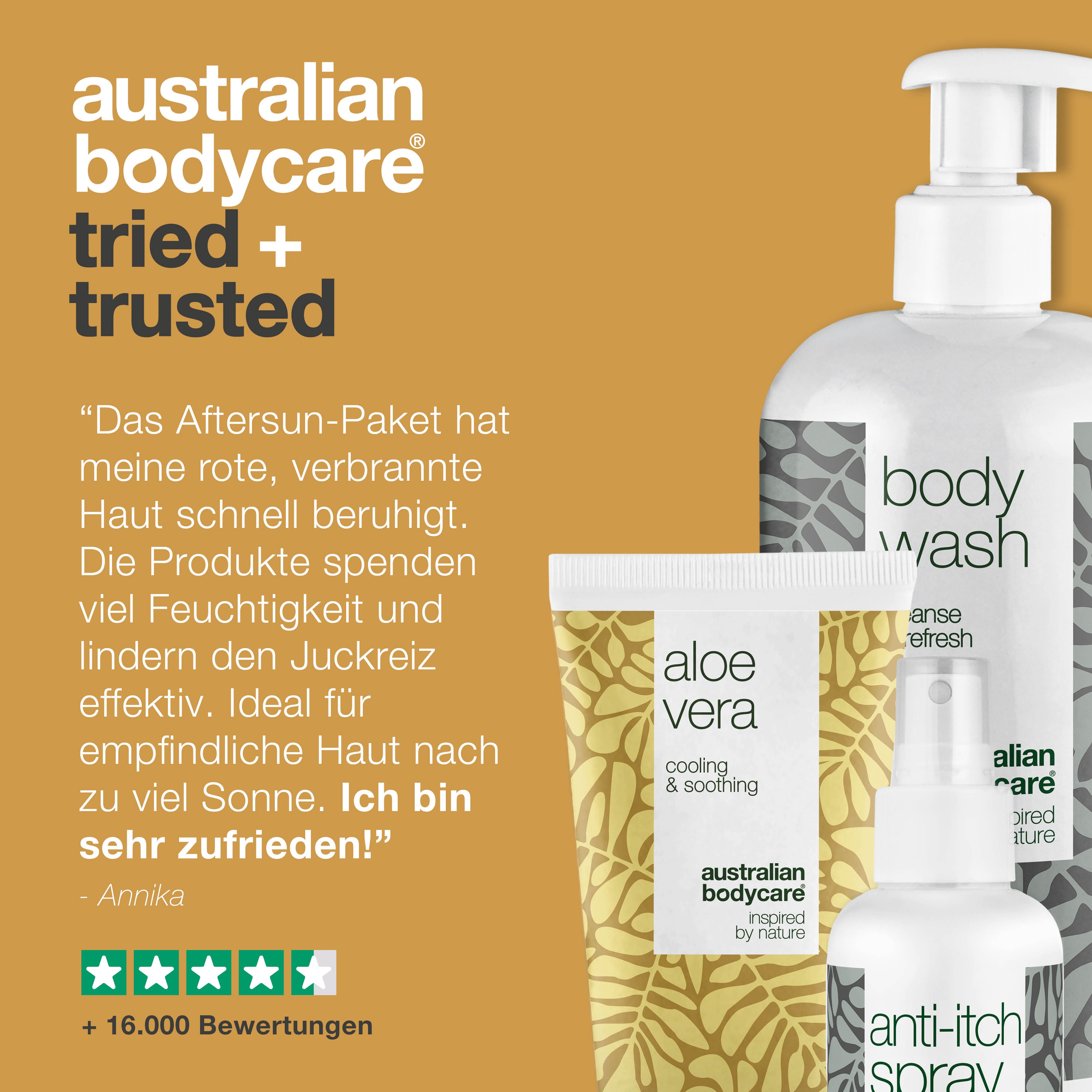 Drei Produkte: Body Wash, Aloe Vera Gel und Anti-Juckreiz-Spray. Text: Getestet und bewährt. Goldener Hintergrund.