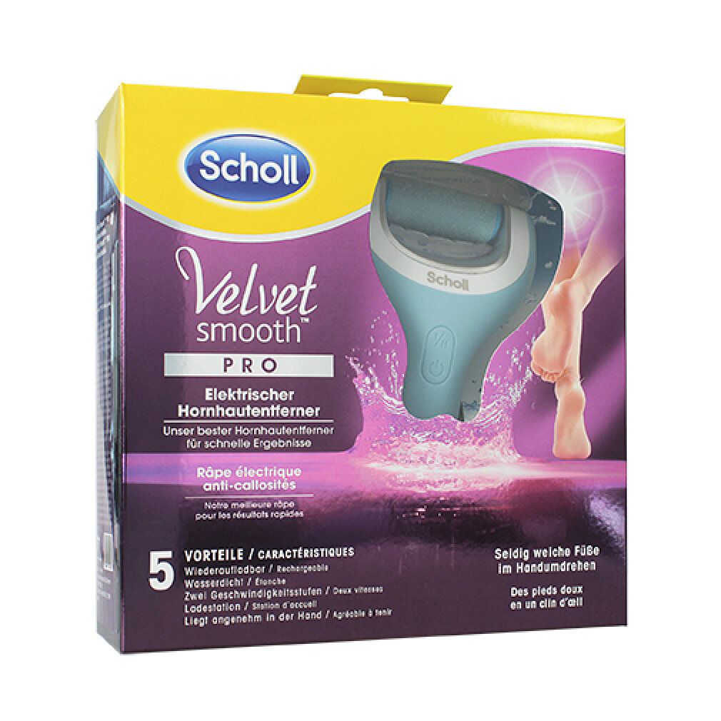 Verpackung des Hornhautentferners. Gelb-lila Karton, Produktabbildung, Text.