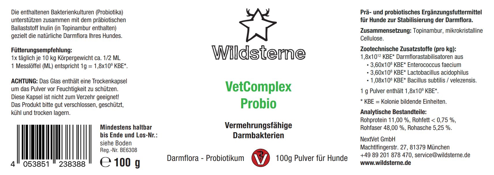 Wildsterne VetComplex Probio, 100g Pulver für Hunde. Enthält vermehrungsfähige Darmbakterien.