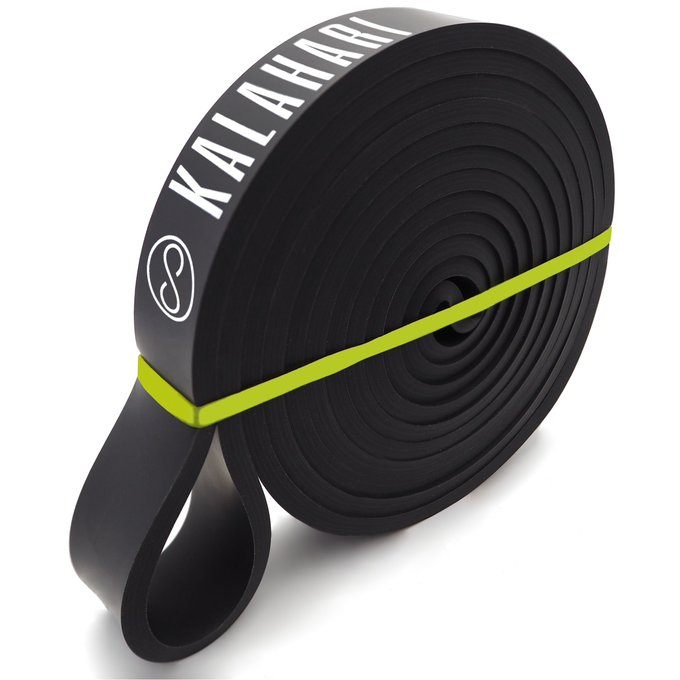 Schwarzes Widerstandsband, aufgerollt, mit "KALAHARI"-Logo und gelbem Gummiband.