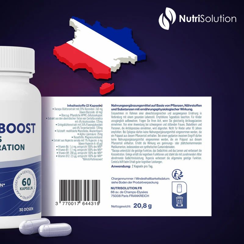 Dose Neuro Boost mit Verpackung. Enthält Inhaltsstoffe und Nährwertangaben. Barcode und französisches Logo.
