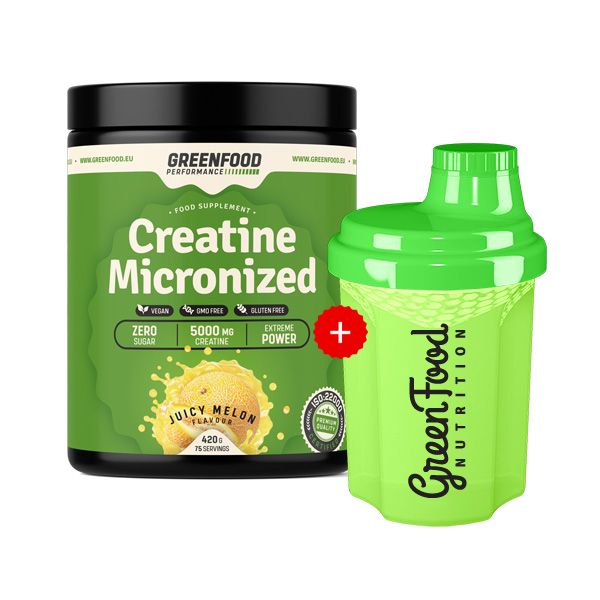 Grünes Nahrungsergänzungsmittel mit Schriftzug "Creatine Micronized" und Shaker. Aufschrift "Juicy Melon". Vegan, zuckerfrei, glutenfrei.