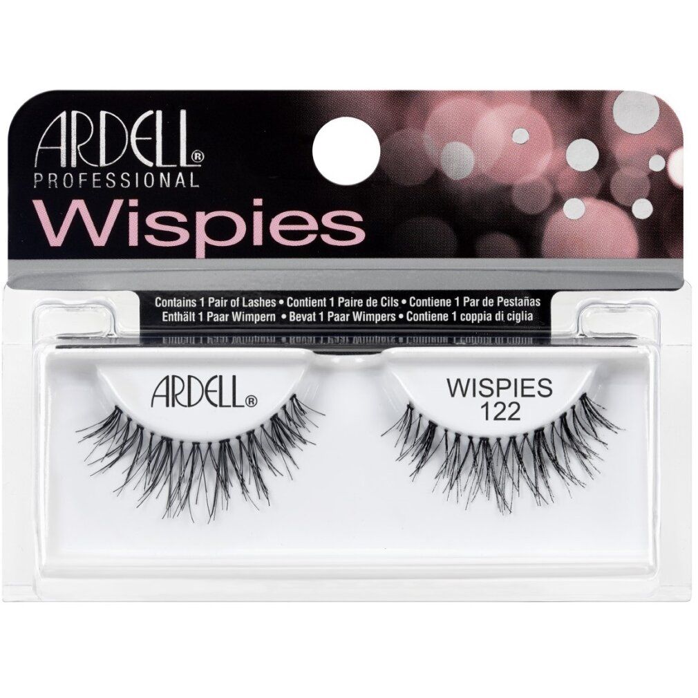 Ardell Wispies 122 Black. Schwarze falsche Wimpern in Verpackung. Marke und Produktbezeichnung deutlich sichtbar.