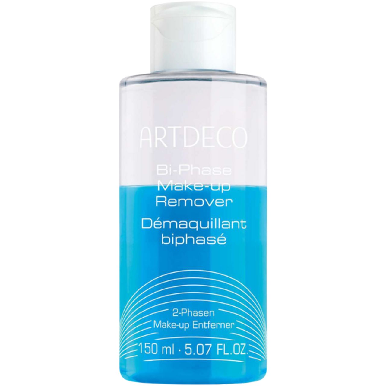 Flasche mit blau-transparenter Flüssigkeit. Aufschrift: ARTDECO, Bi-Phase Make-up Remover, Démaquillant biphasé, 2-Phasen Make-up Entferner.