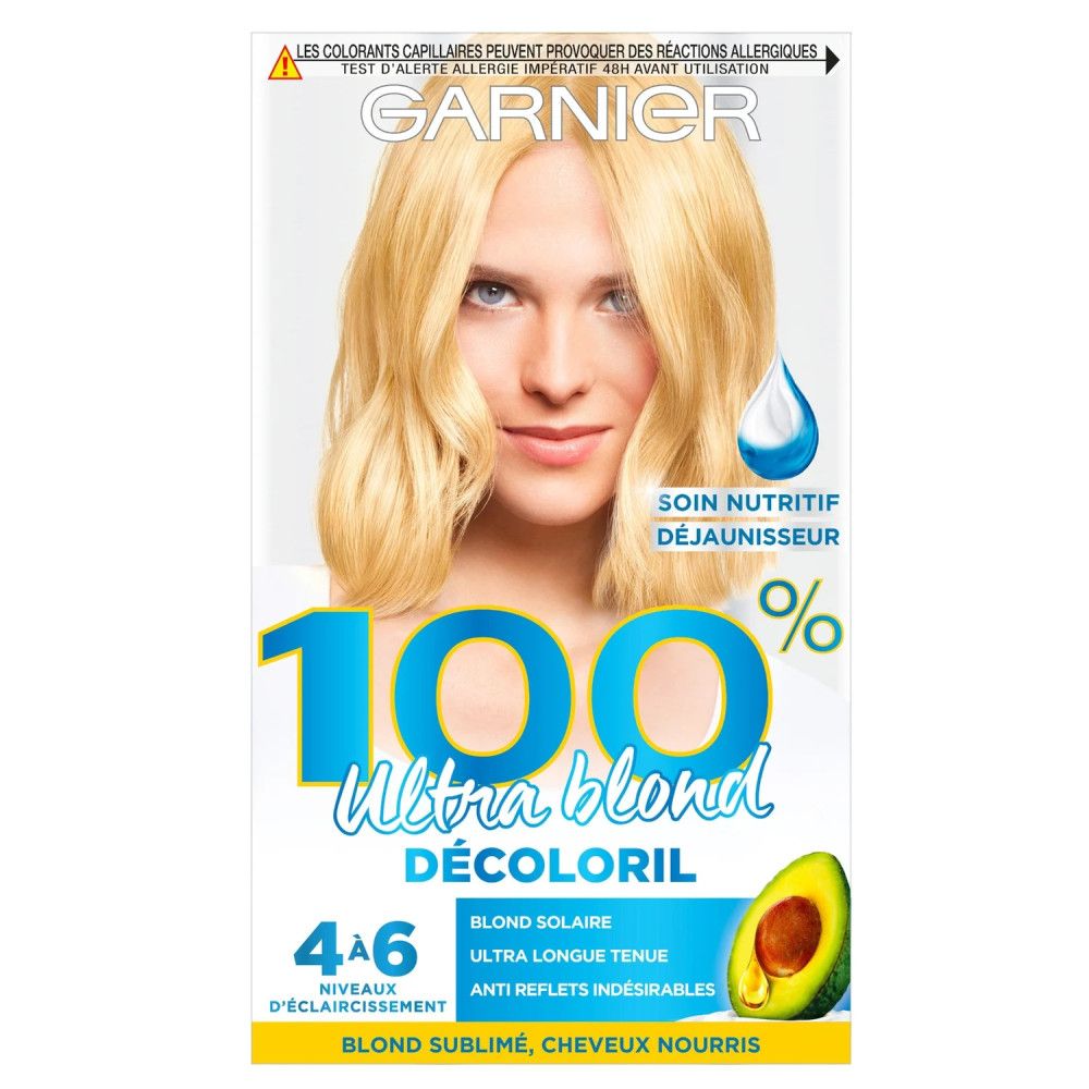 Verpackung von Garnier Ultra Blond Blondierpulver. Abbildung einer Frau mit blonden Haaren. Produktname und weitere Informationen sind auf der Verpackung abgebildet.