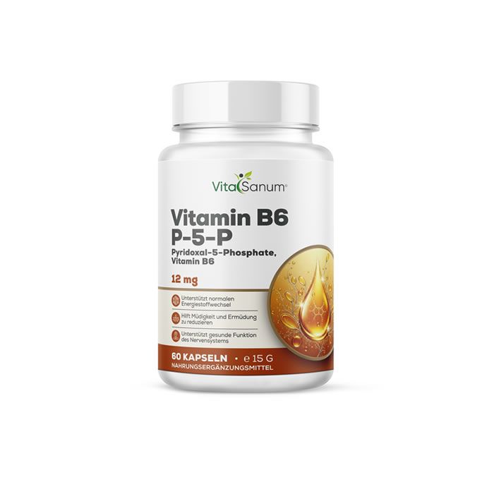 Weißes Pillenfläschchen mit Deckel. Aufschrift: VitaSanum Vitamin B6 P-5-P. Braunes Etikett mit Tropfen-Illustration.