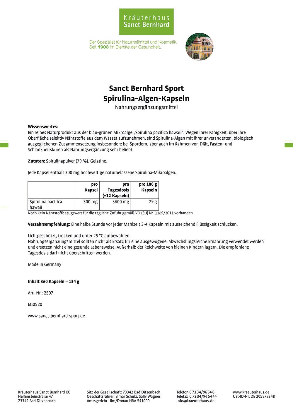 Sanct Bernhard Sport Spirulina-Algen-Kapseln 360 St Kapseln