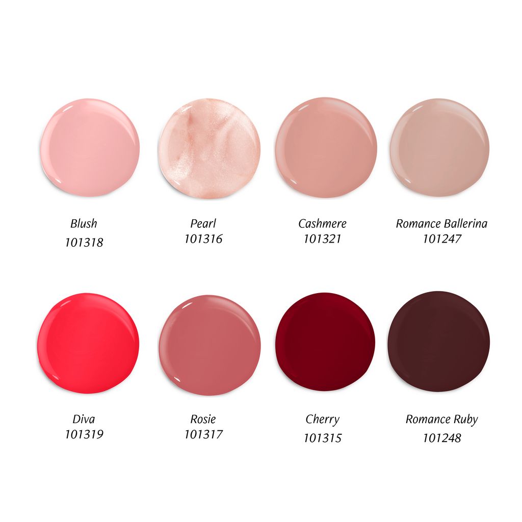 Acht Nagellackfarben in runden Mustern. Farben: Blush, Pearl, Cashmere, Romance Ballerina, Diva, Rosie, Cherry, Romance Ruby. Jede Farbe mit Nummer.